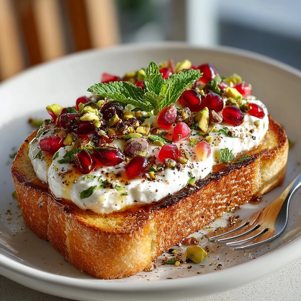 Close-up of creamy Pomegranate Pistachio Whipped Ricotta Toast showing vibrant seeds and crunchy nuts.