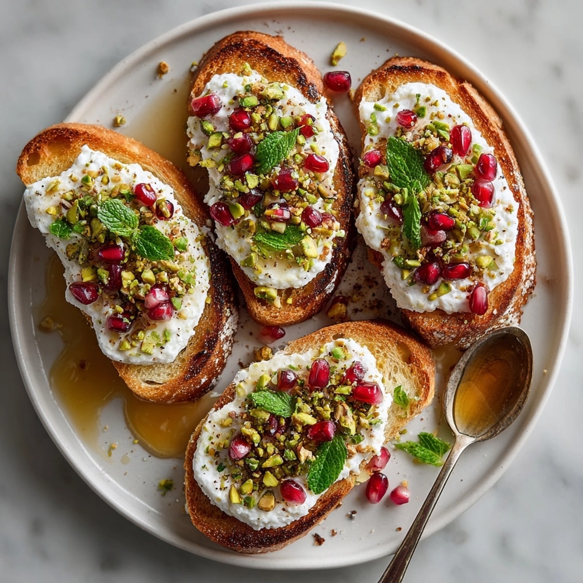 Pomegranate Pistachio Whipped Ricotta Toast served as an easy, colorful breakfast with sweet and savory flavors.