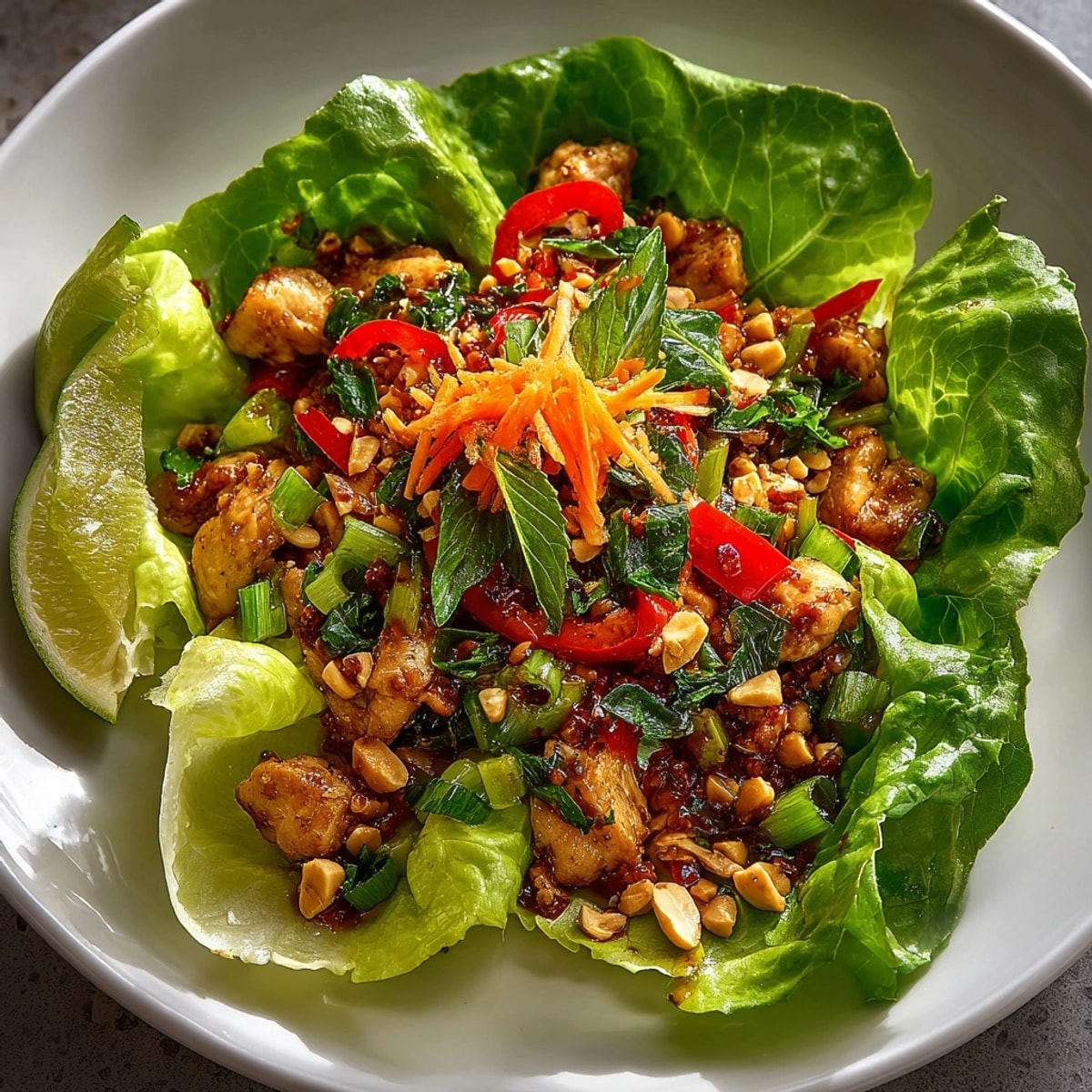 Thai Basil Chicken Lettuce Wraps with Peanuts filled with juicy chicken, fresh basil, and crunchy vegetables