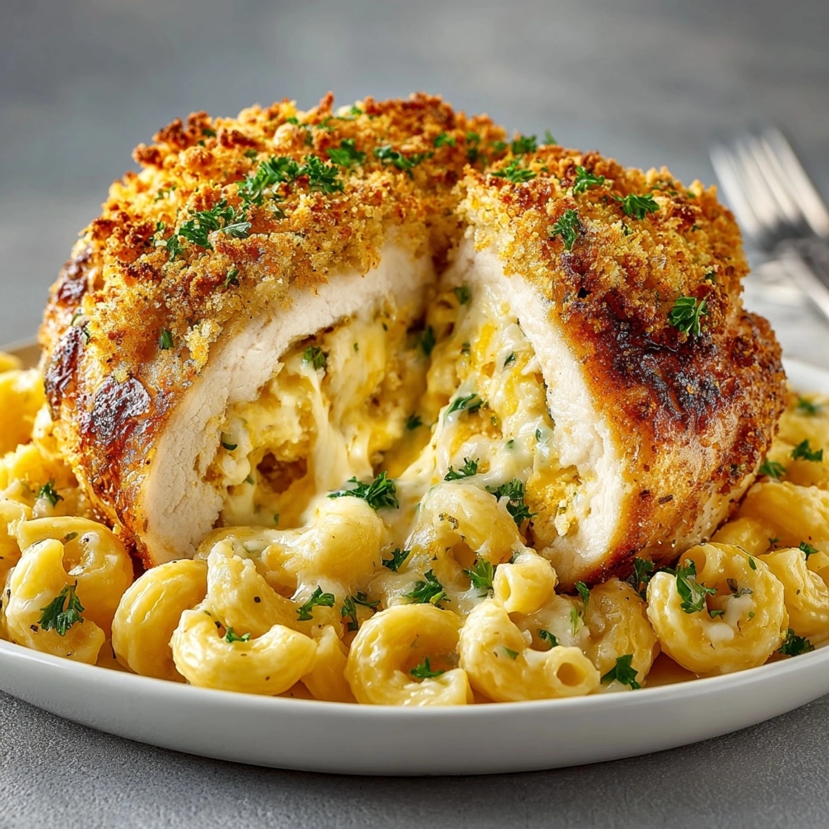 Mac and Cheese Stuffed Chicken Breast sliced open, with creamy filling oozing onto plate.