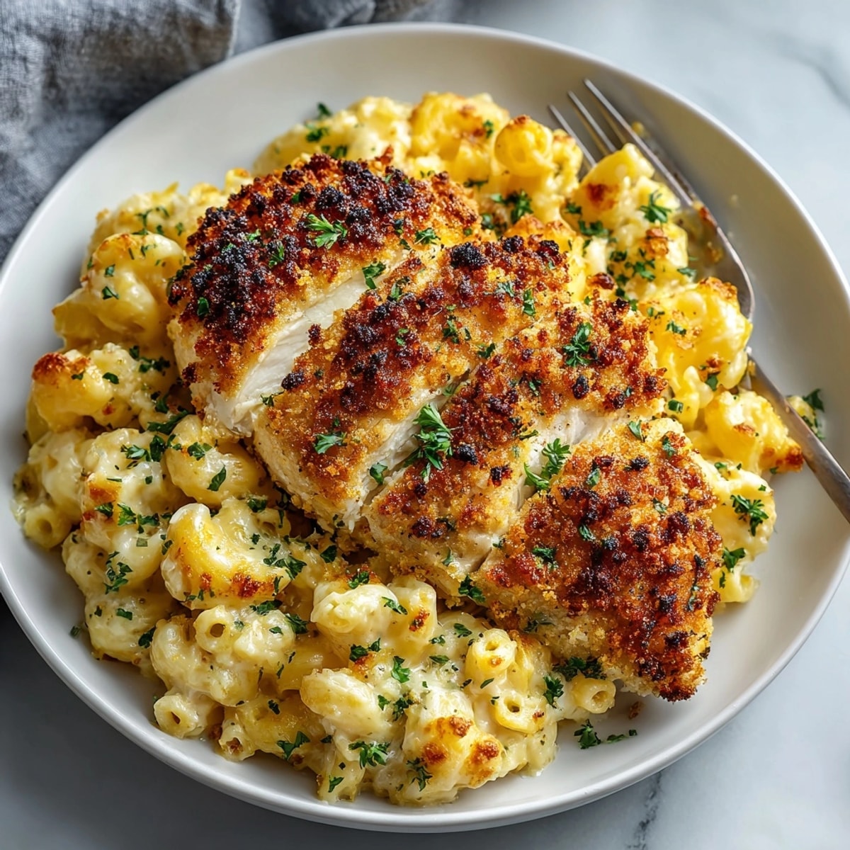 Juicy Mac and Cheese Stuffed Chicken Breast on a serving platter with crisp breadcrumb topping.