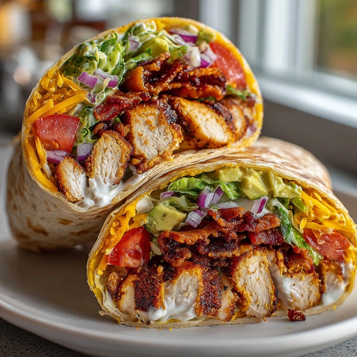 Avocado Ranch Chicken Wrap with Bacon sliced open, showing creamy avocado, juicy chicken, and crisp veggies.