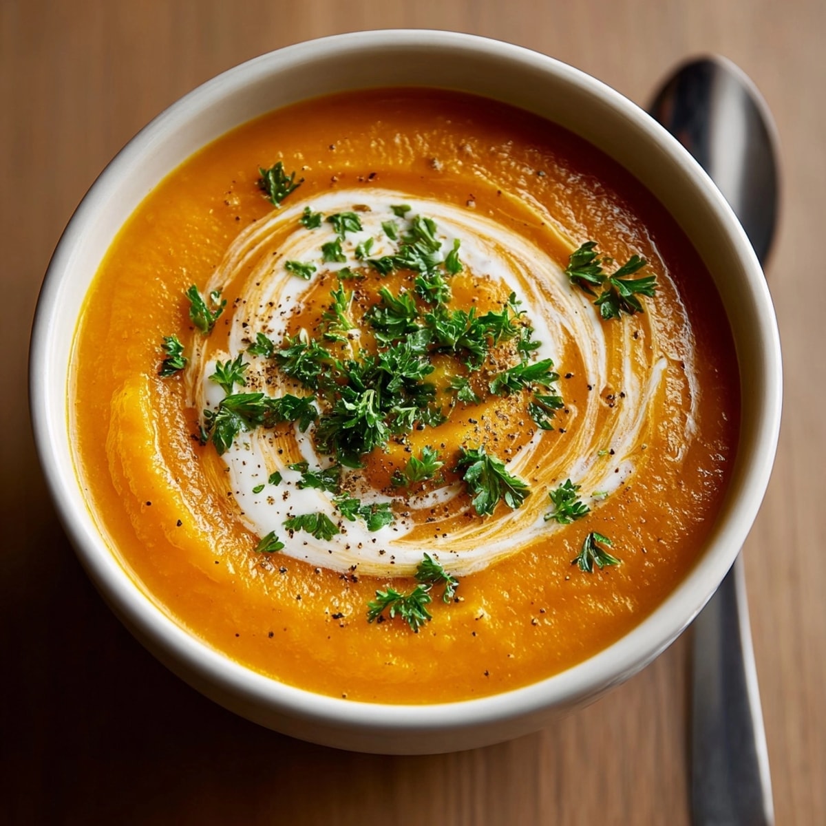 Closeup of homemade butternut squash soup, highlighting velvety texture and warm, inviting color.