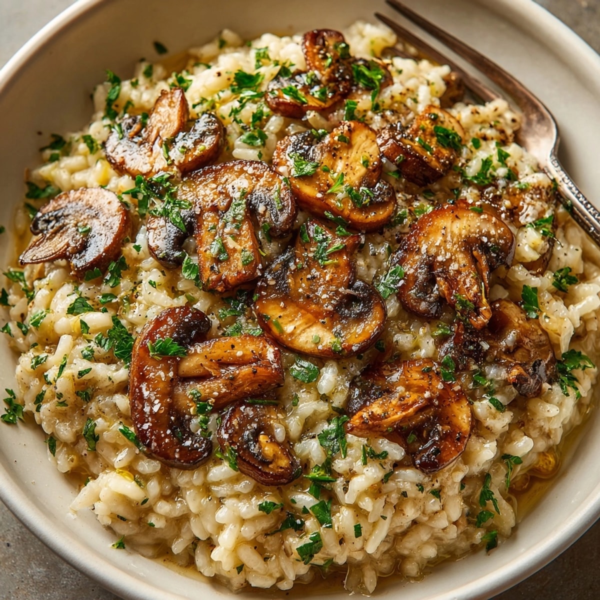 Creamy mushroom risotto served in a rustic bowl, topped with parsley and truffle oil.