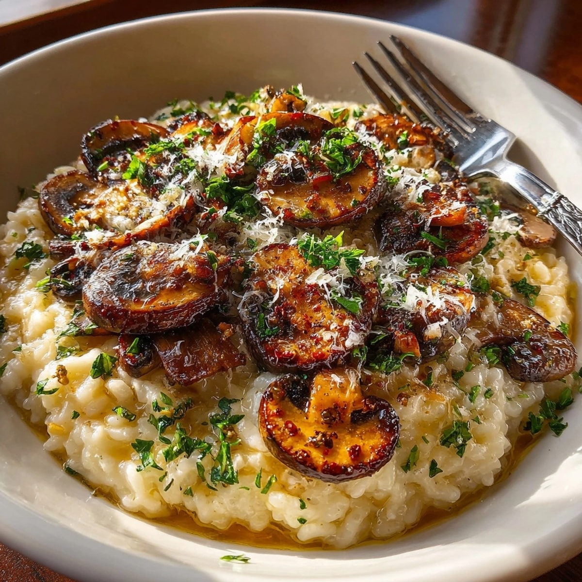 Hearty creamy mushroom risotto with golden sautéed mushrooms and fresh Parmesan shavings on top.