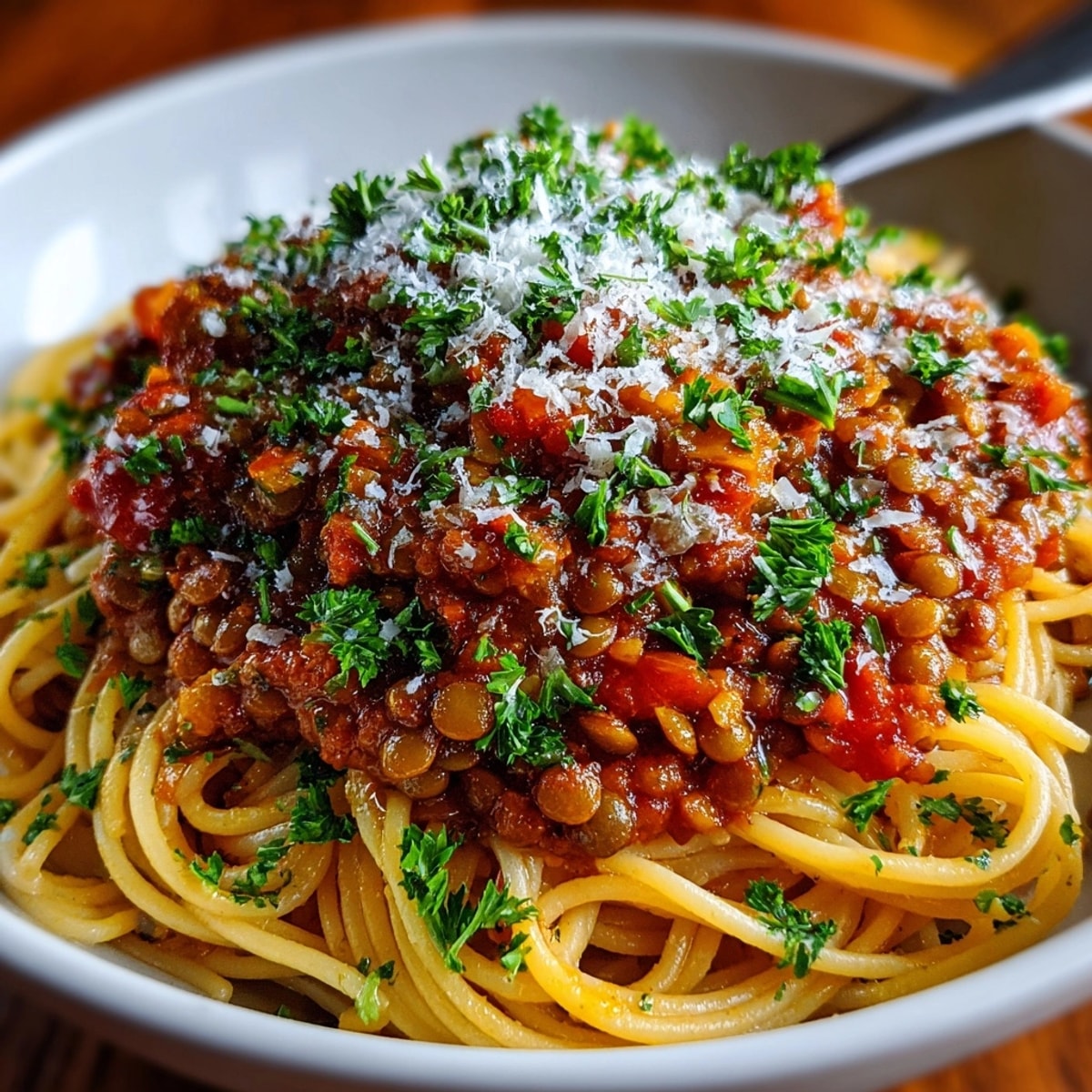 Hearty lentil Bolognese served over pasta, topped with fresh basil and vegan Parmesan.