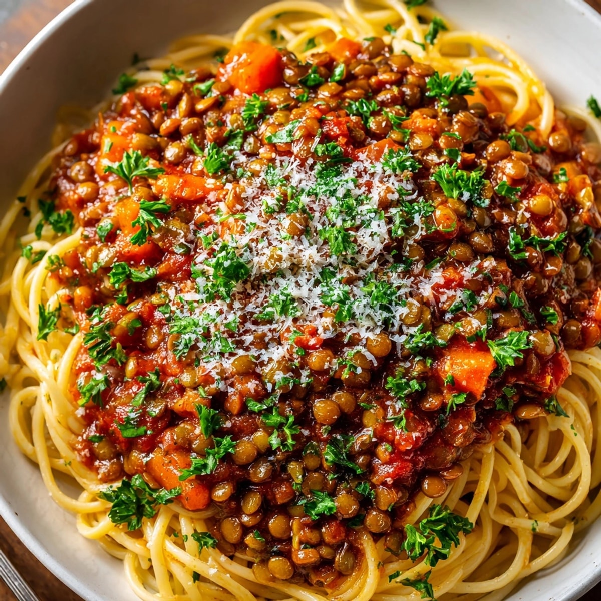 Vegan lentil Bolognese in a bowl, rich tomato sauce glistening, aromatic steam rising.