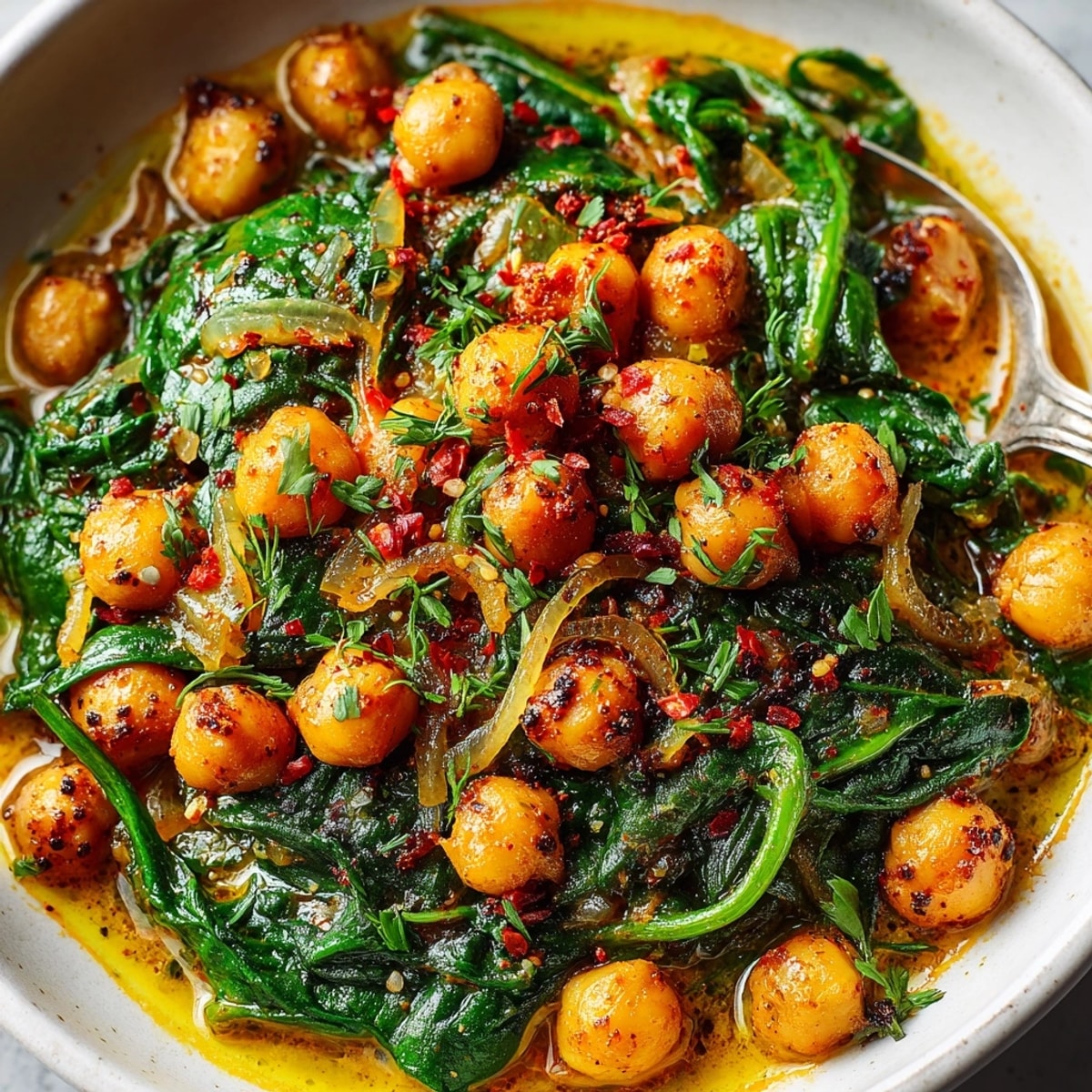 Hearty chickpea and spinach curry served steaming hot with fluffy basmati rice on the side.