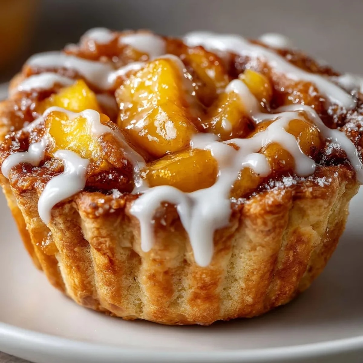 Golden two ingredient mini peach pies nestled in muffin tins with glistening fruity filling.
