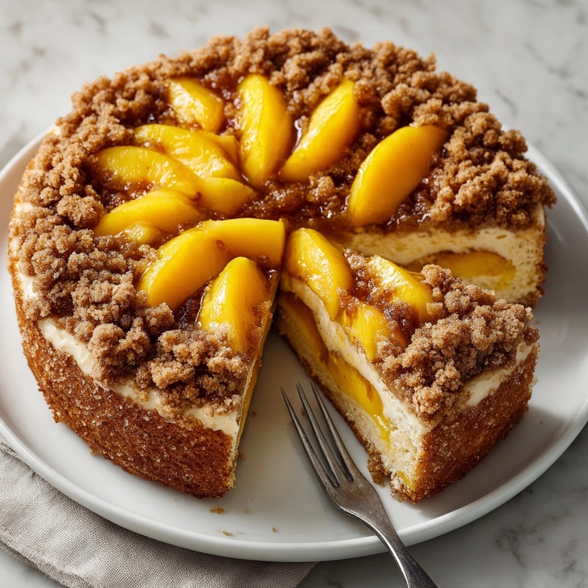 Homemade Southern Peach Crumb Cake cooling on a rack, ready to slice for dessert