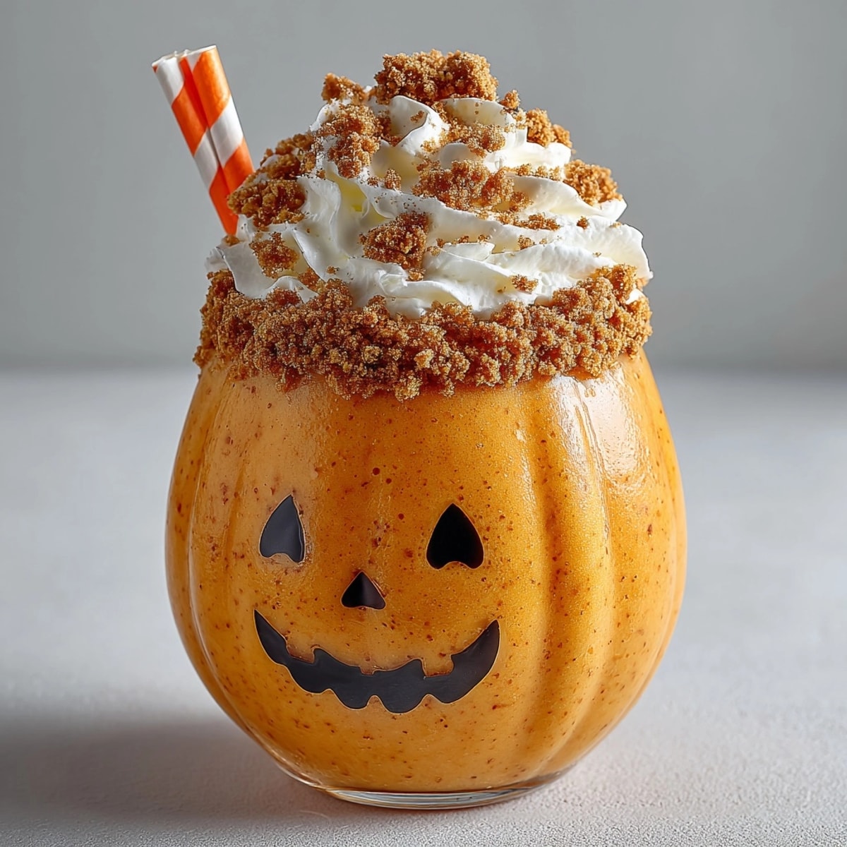 Creamy Pumpkin Pie Smoothie: A festive orange drink with whipped topping and spice.