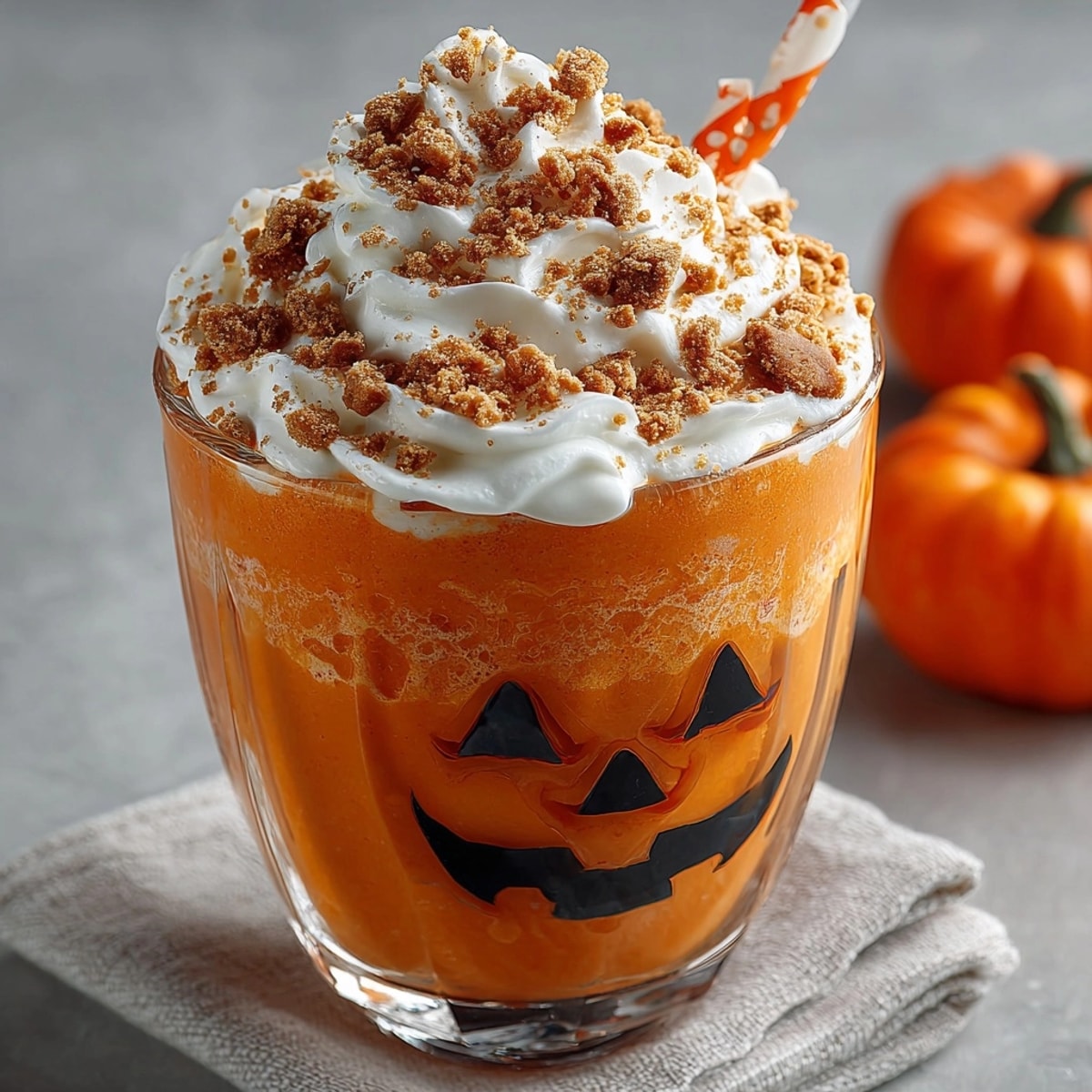 Delicious Pumpkin Pie Smoothie, blended smooth with ice, presented in a spooky Halloween glass.