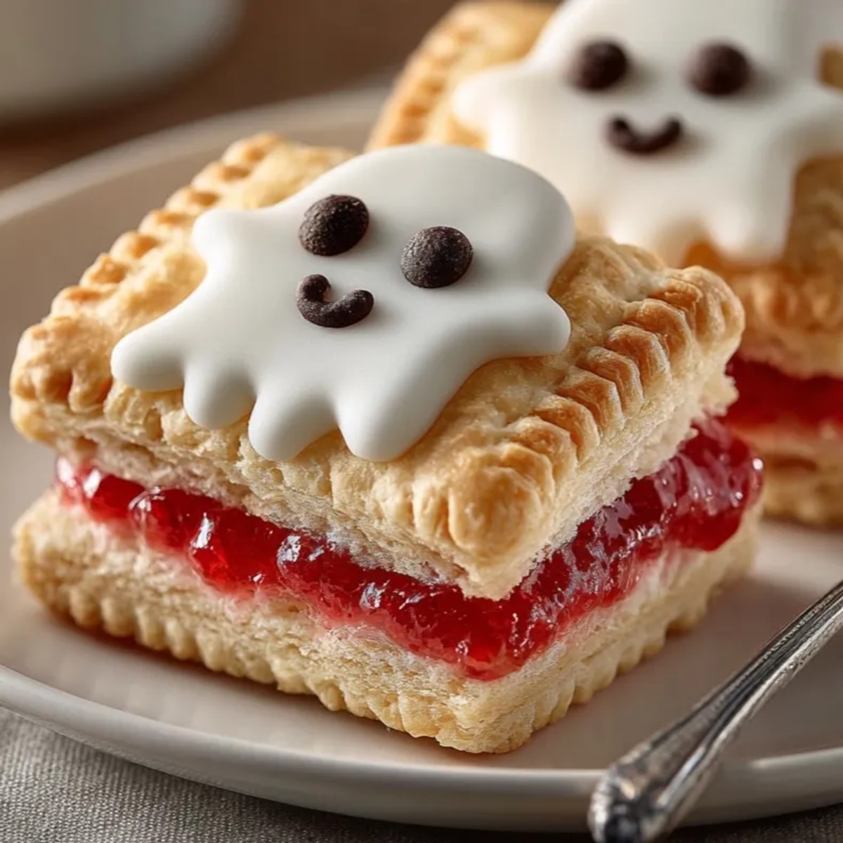 Golden Homemade Ghost Pop-Tarts cooling on a sheet; powdered sugar icing glistens.