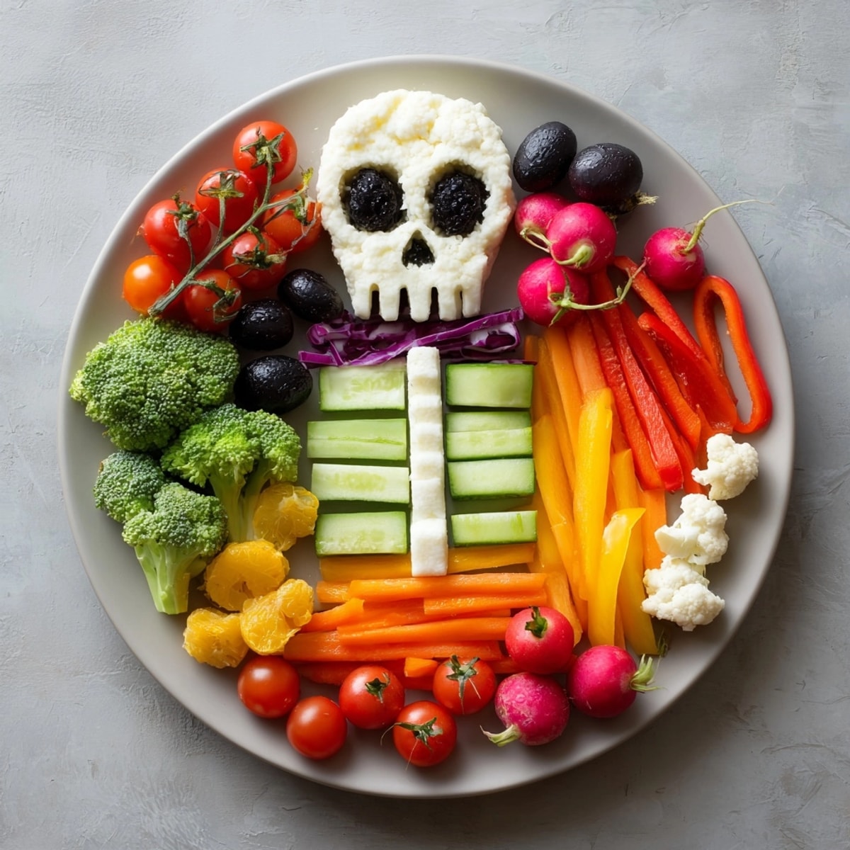 Colorful Skeleton Veggie Platter, a healthy appetizer, features crisp veggies and creamy avocado dip.