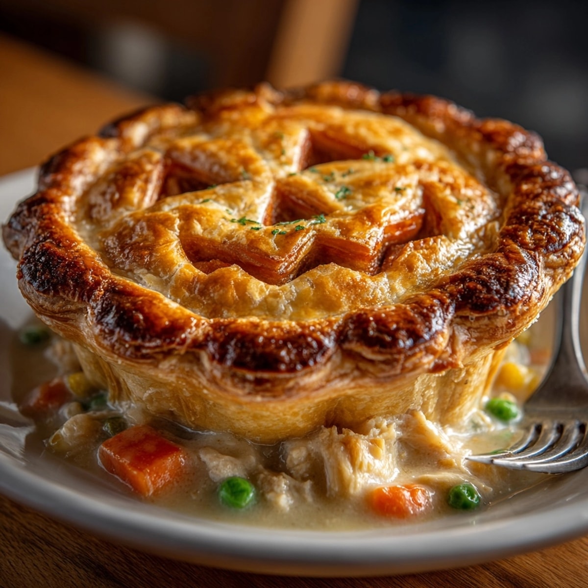 Savory Jack-o'-Lantern Pot Pie: Golden crust with carved pumpkin face, bubbling filling.
