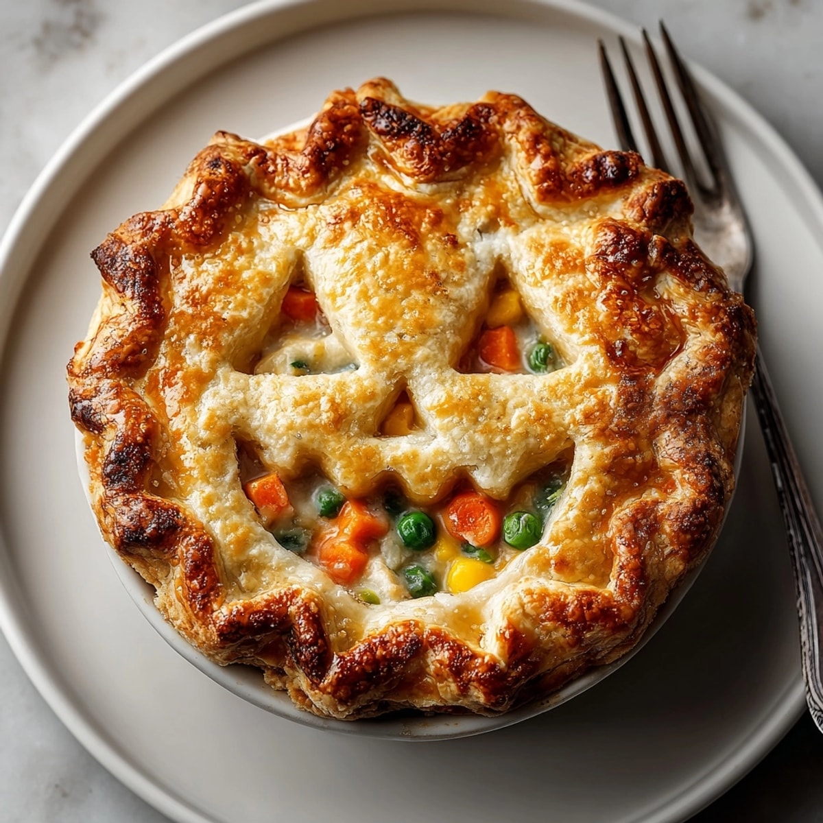 Homemade Jack-o'-Lantern Pot Pie: Flaky, savory pie crust revealing creamy chicken and vegetables.