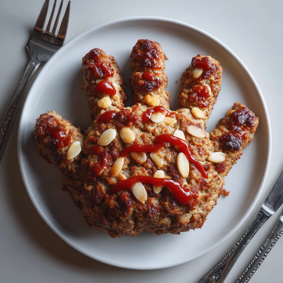 Creepy baked Zombie Meatloaf Hand shaped with ketchup glaze, showing savory details.