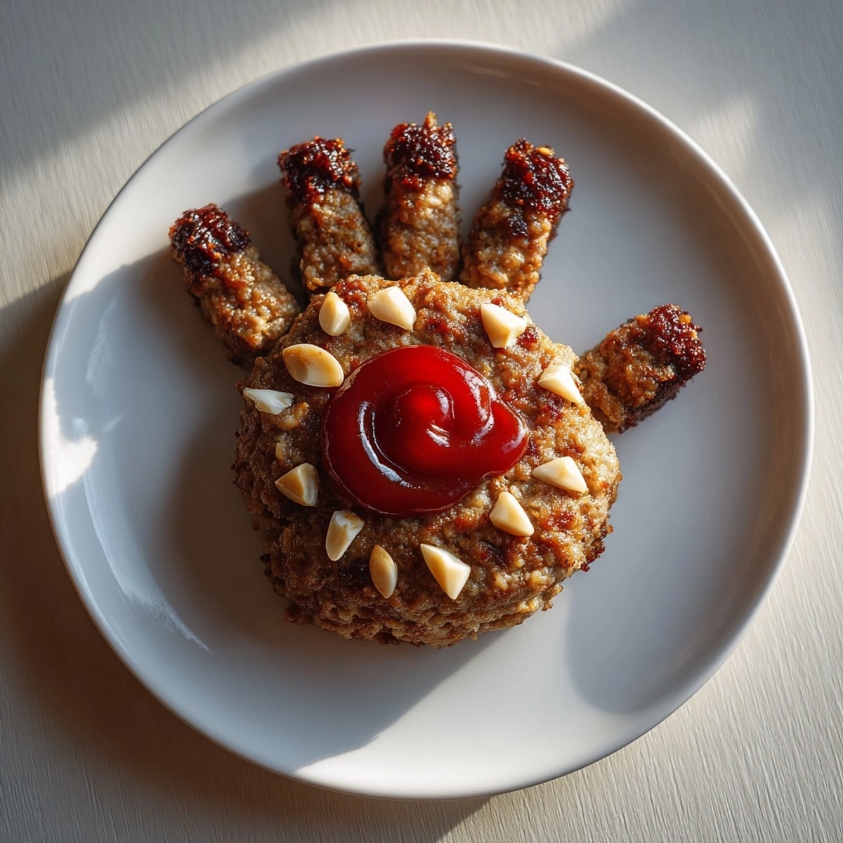 Savory Zombie Meatloaf Hand, almond nails, quartered onion bone - Halloween dinner.