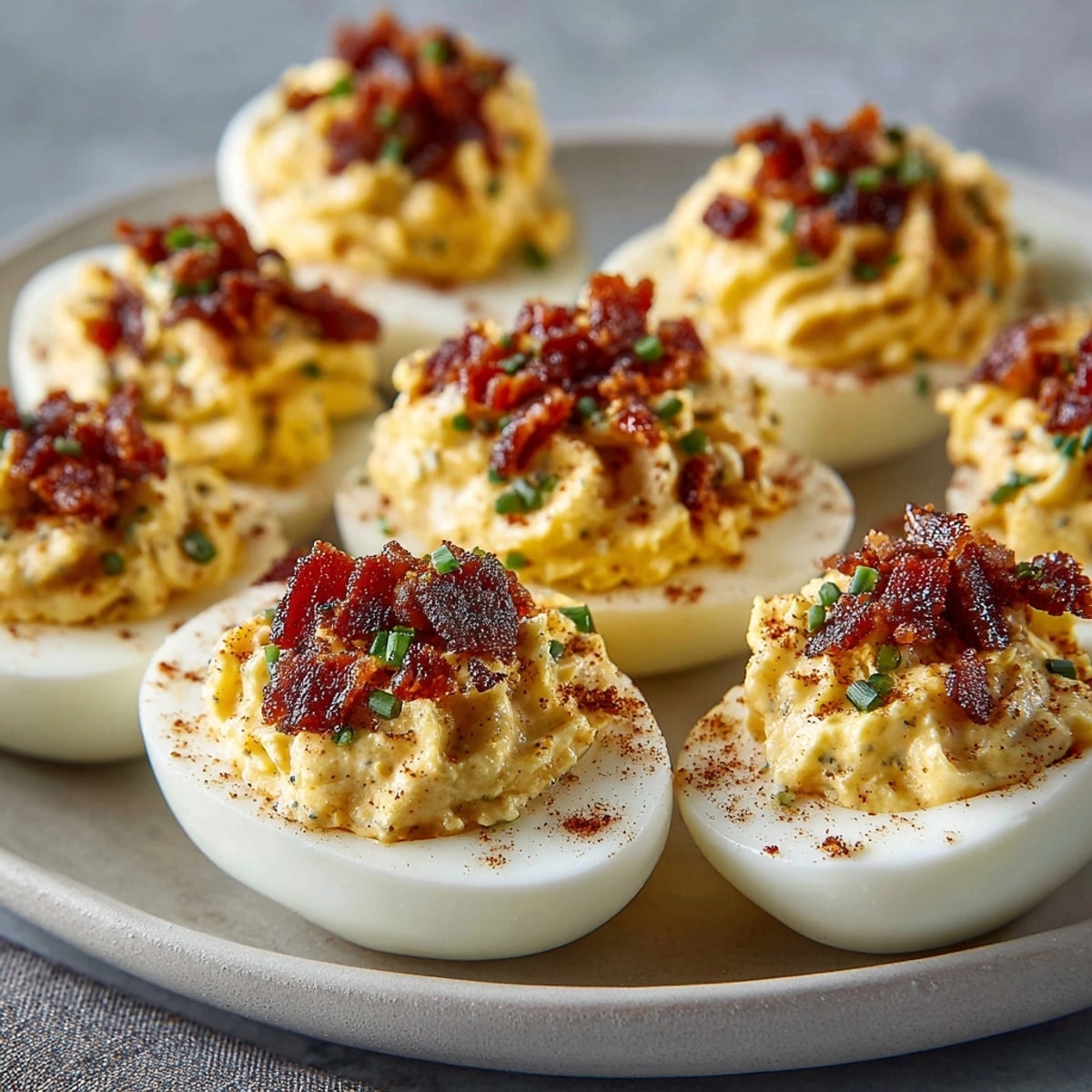 Close-up of savory Smoked Paprika Deviled Eggs with Bacon, topped with fresh chives.
