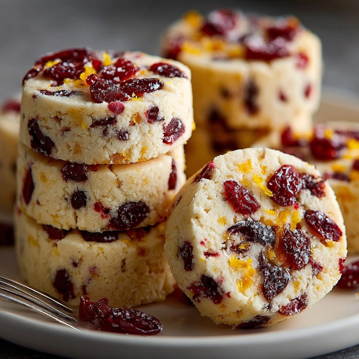 Close-up: Sugary, buttery Cranberry Orange Shortbread Cookies with vibrant orange zest and red cranberries.