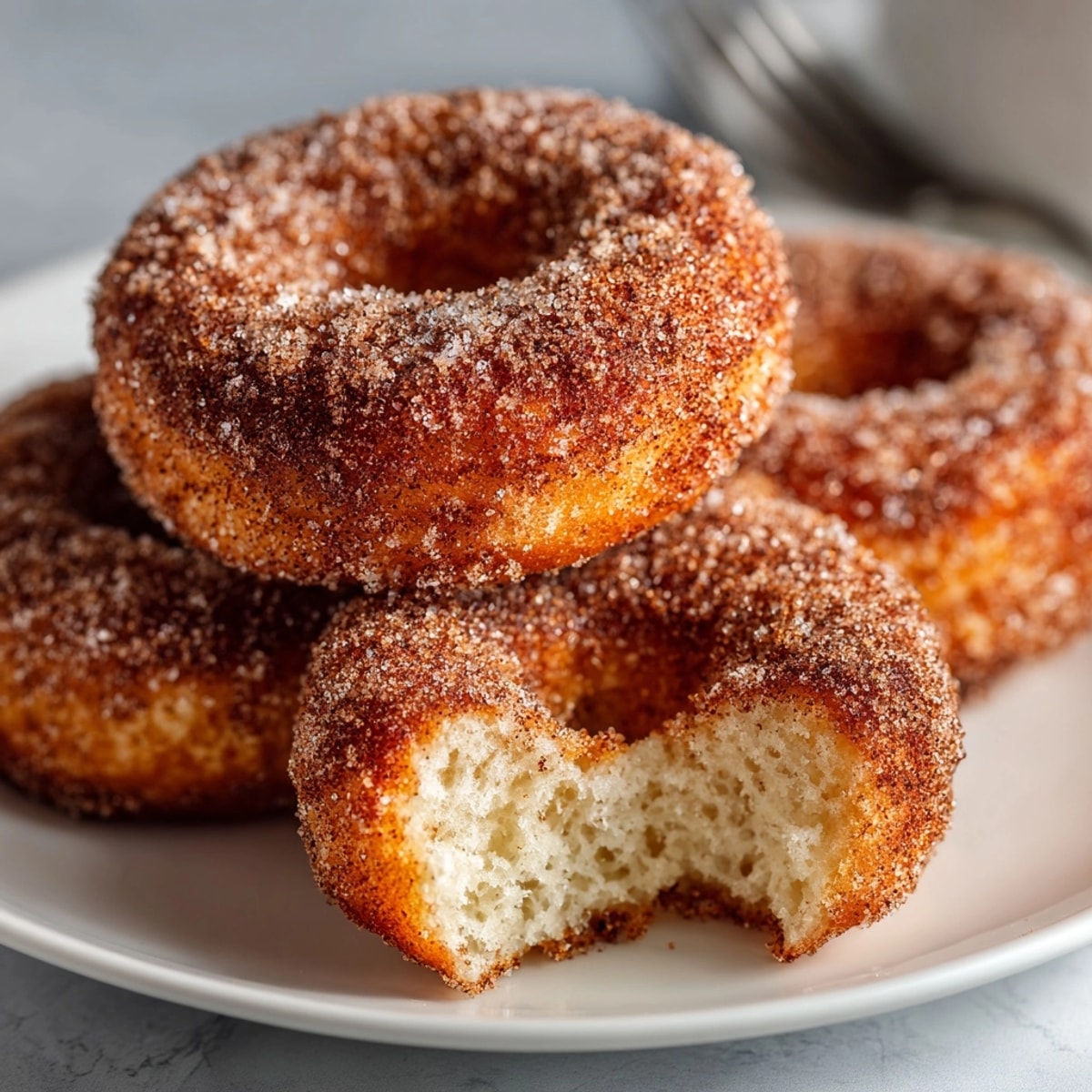 Warm apple cider donuts, fresh from the oven, dusted with cinnamon sugar.