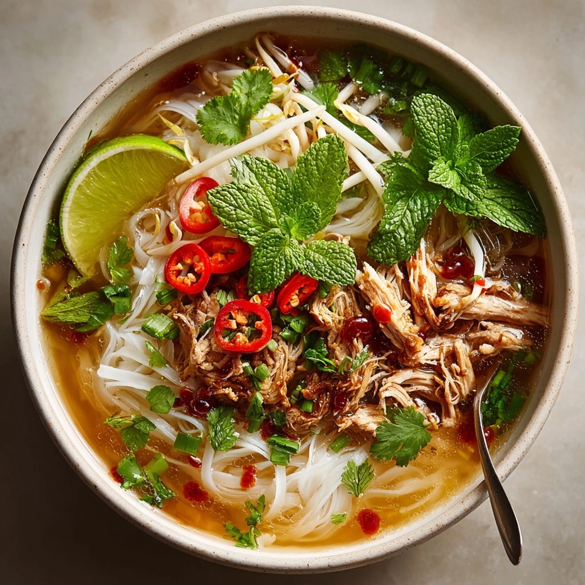 Close-up of Leftover Turkey Pho, garnished with fresh basil, lime, and sliced jalapeños.