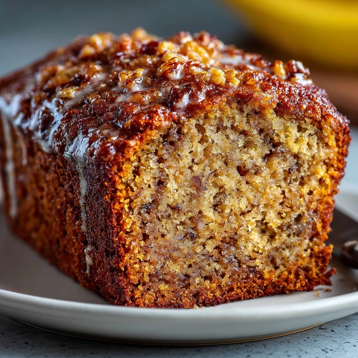 Golden brown Gingerbread Banana Bread loaf, warm spices rising from a freshly baked treat.
