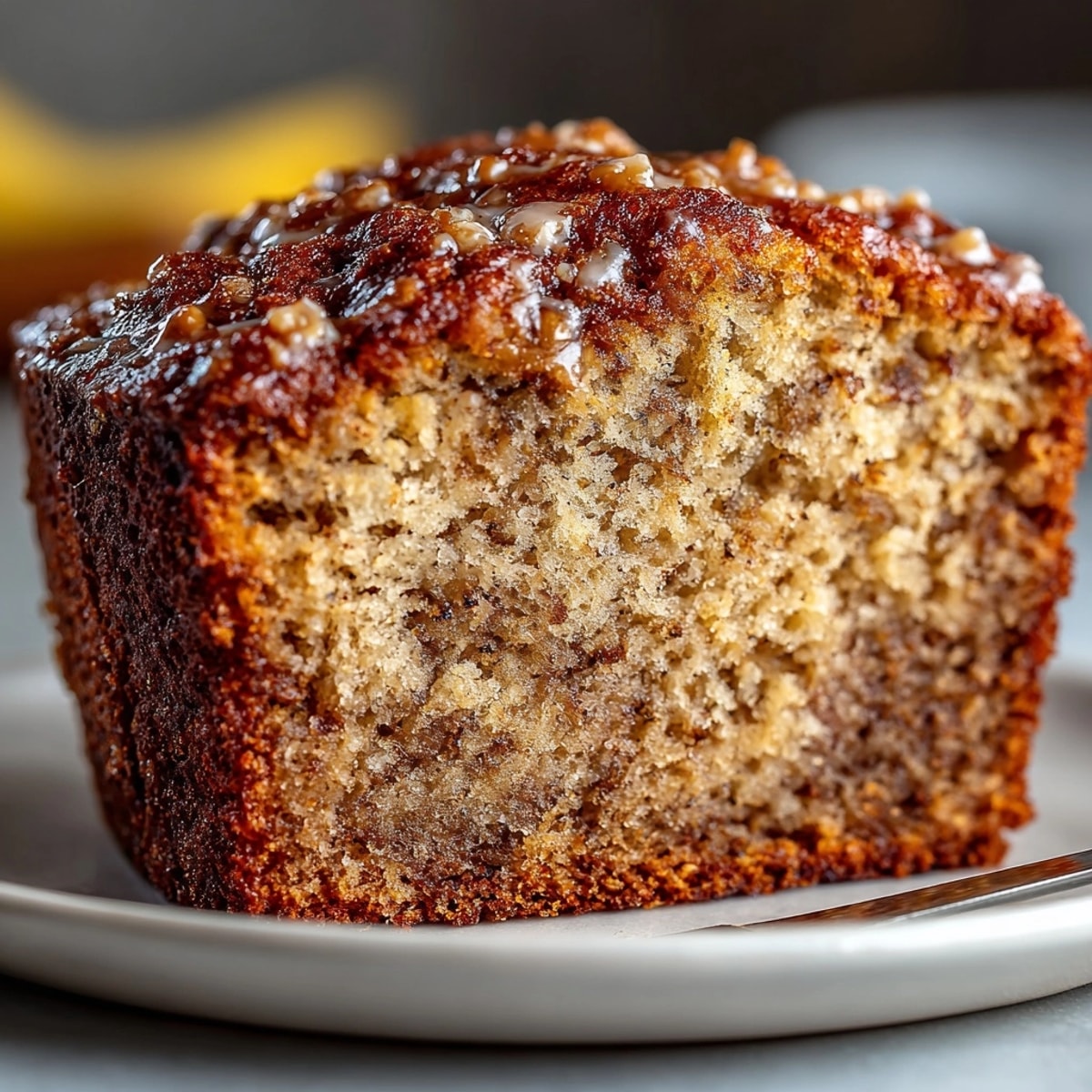 Slices of moist Gingerbread Banana Bread, studded with nuts, served with creamy butter.