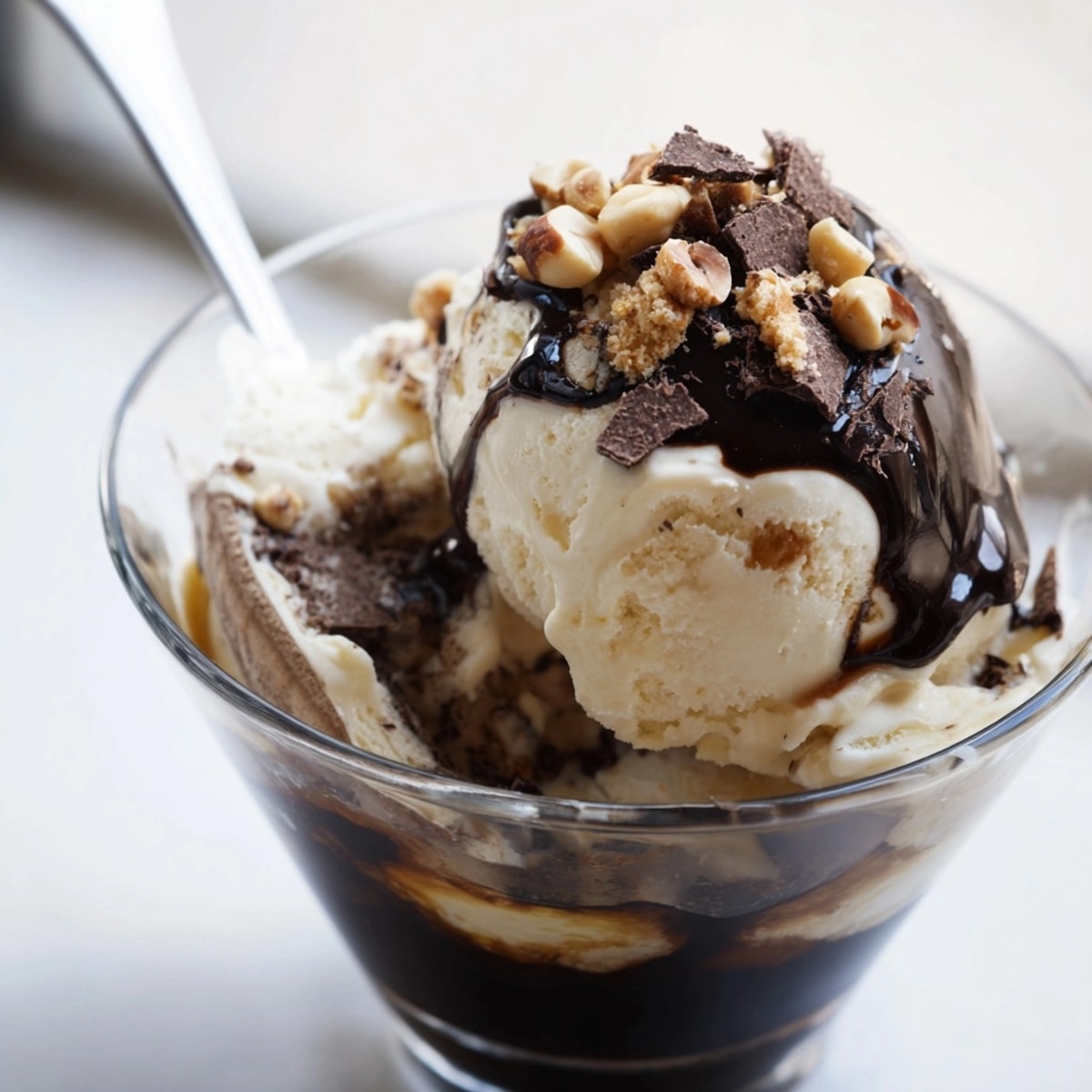 Creamy vanilla Affogato slowly melting beneath a dark stream of freshly brewed espresso.