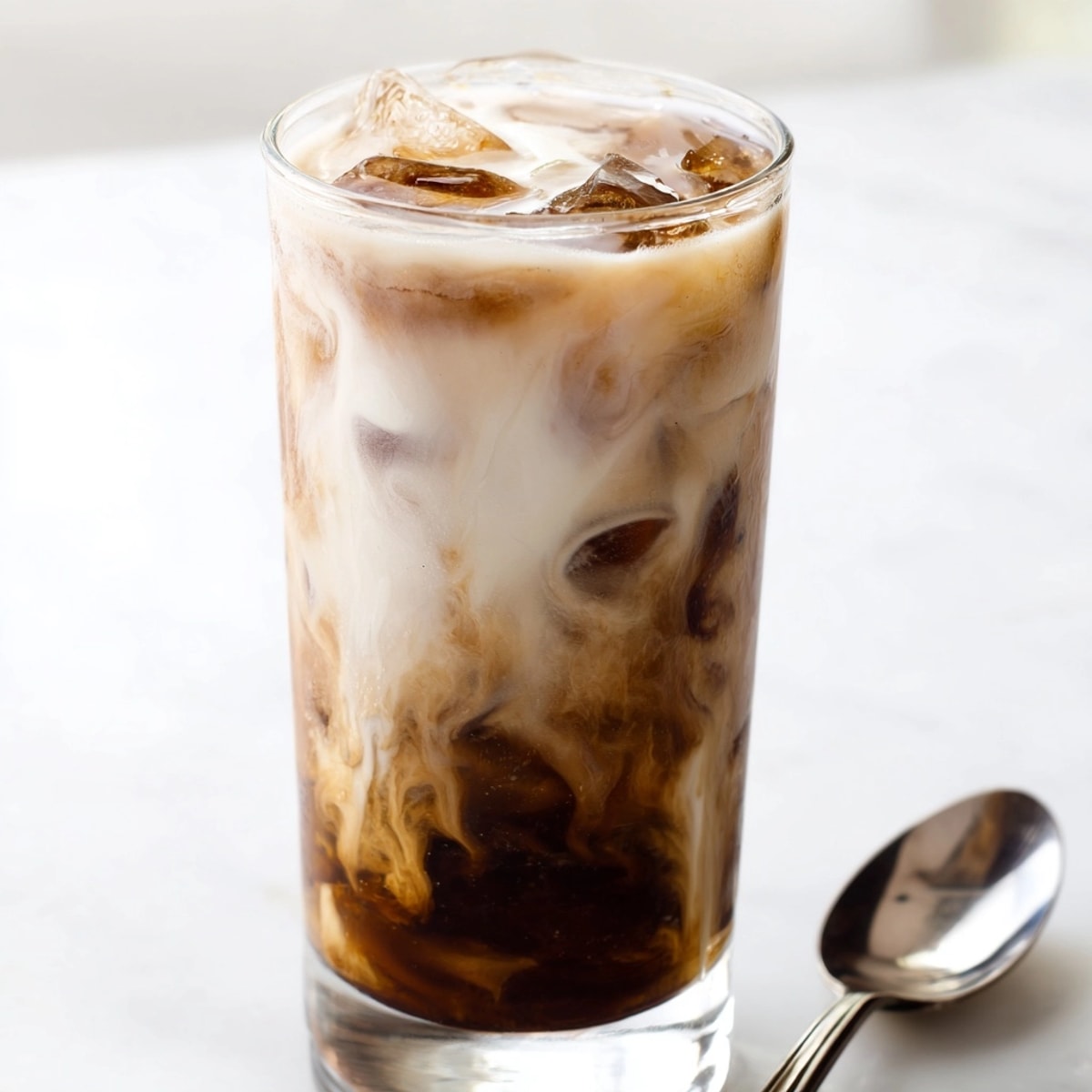 Refreshing tall glass of Thai Iced Coffee featuring distinct layers of coffee and cream.