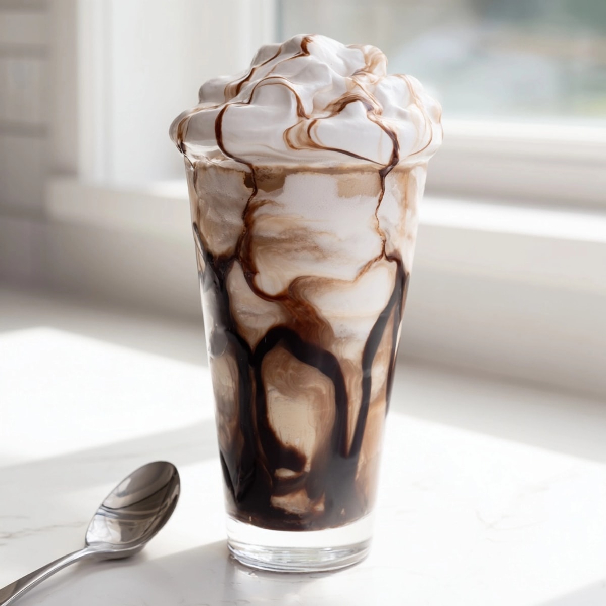 Swirled Iced Mocha Cloud Coffee: A frosty, layered drink with a rich, whipped coffee topping.