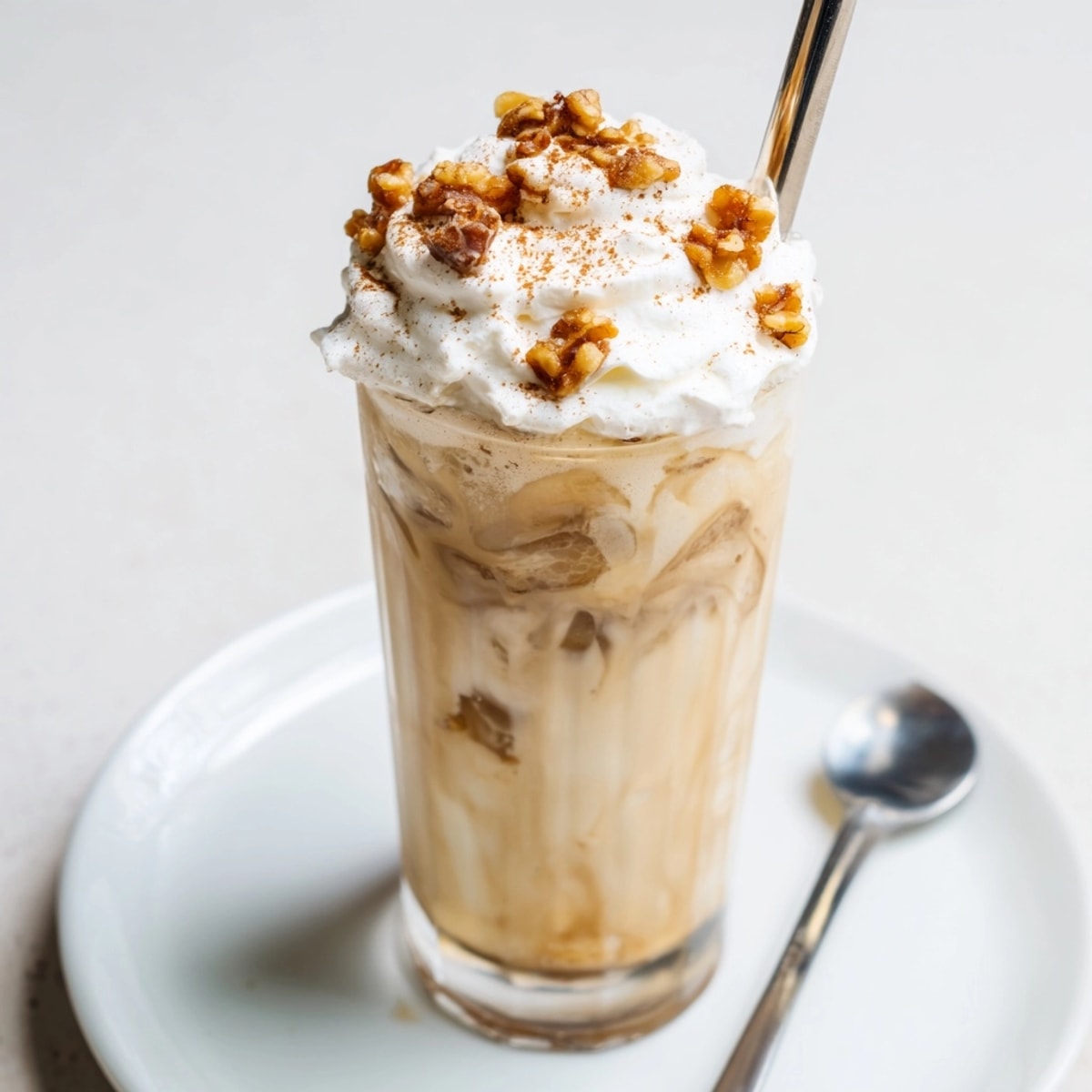 Refreshing Iced Banana Bread Latte recipe: blended banana, spices, and espresso over ice.