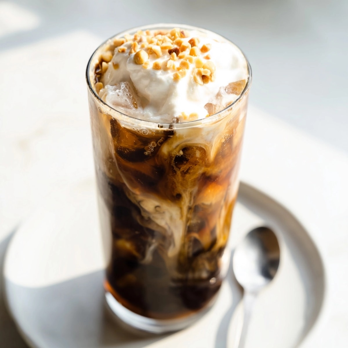 Refreshing Iced Hazelnut Cold Brew recipe poured over ice, topped with whipped cream.