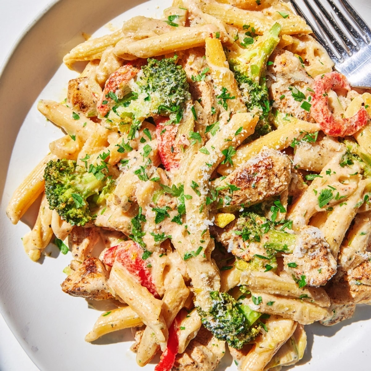 Creamy "Cajun Chicken Broccoli Pasta Skillet," a flavorful one-pan comfort food ready to eat.