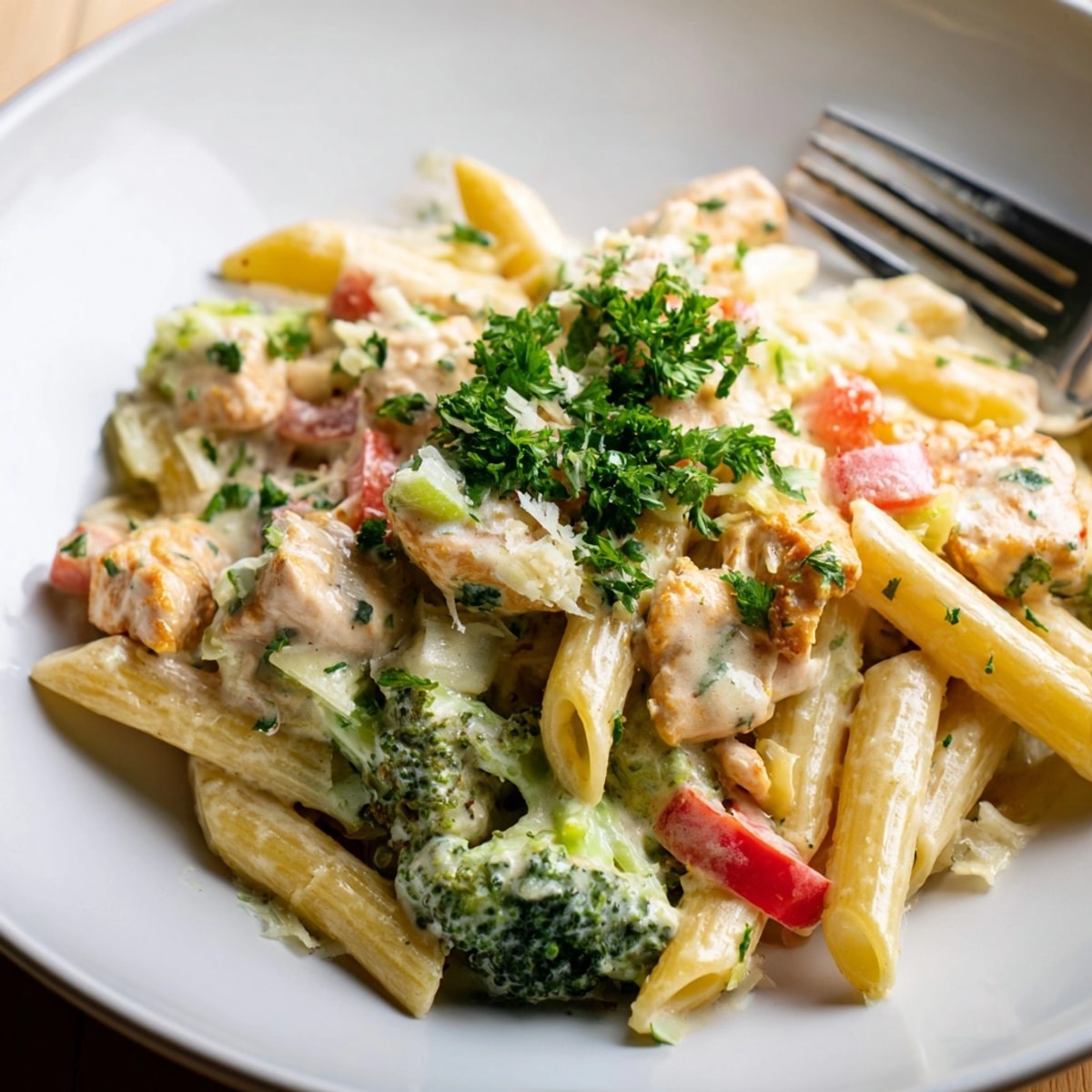Close-up of &quot;Cajun Chicken Broccoli Pasta Skillet&quot; showing tender chicken, crisp-tender broccoli, and creamy sauce.