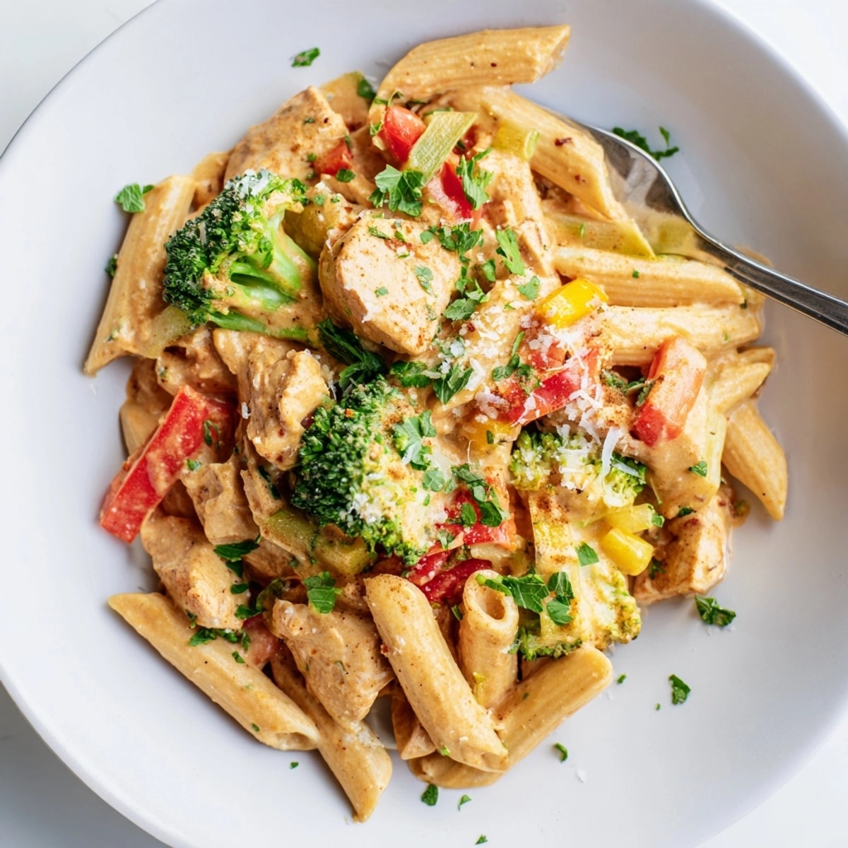 Golden brown &quot;Cajun Chicken Broccoli Pasta Skillet&quot; brimming with vibrant colors; perfect weeknight dinner.