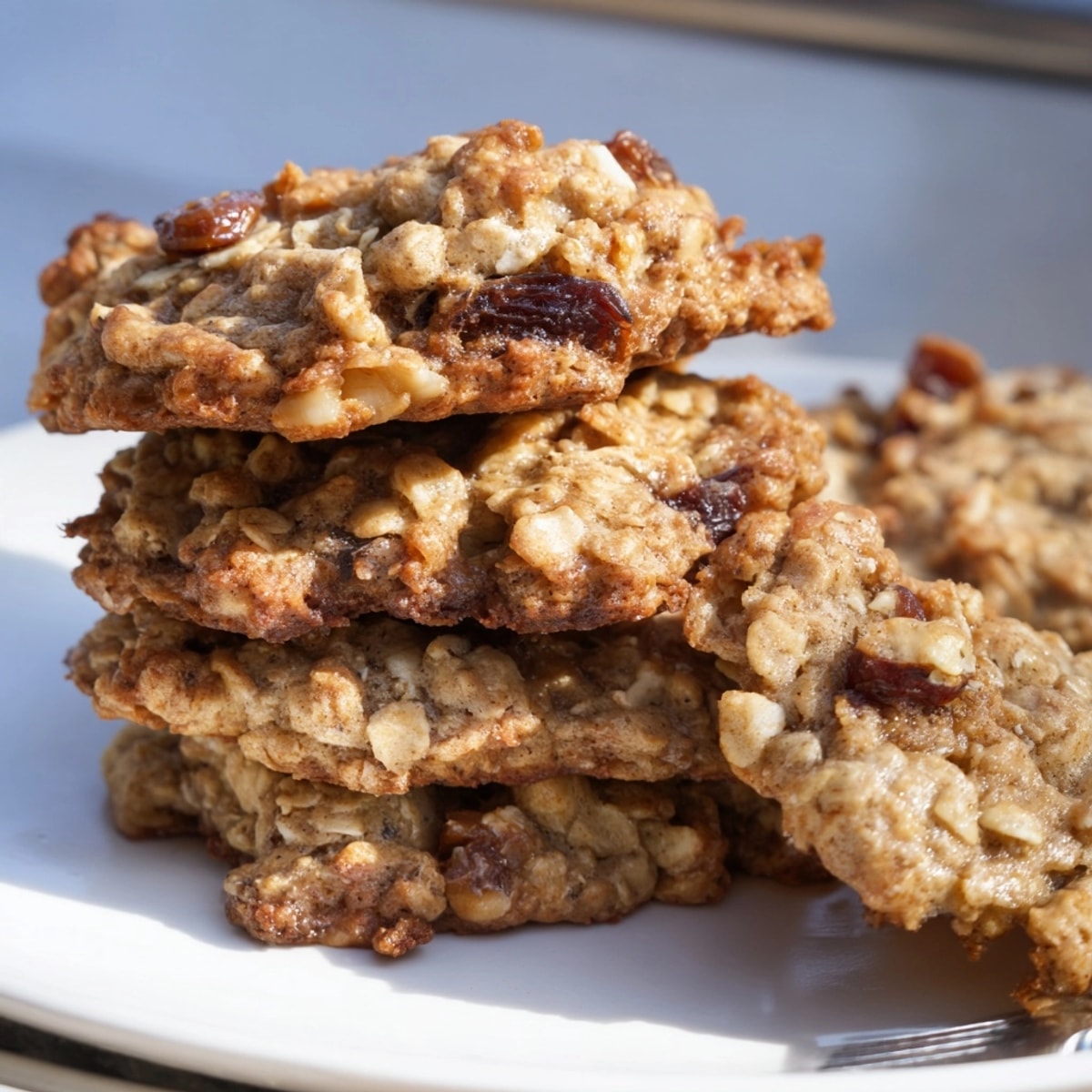 Golden brown Cinnamon Date Nut Oatmeal Cookies fresh from the oven, chewy texture.