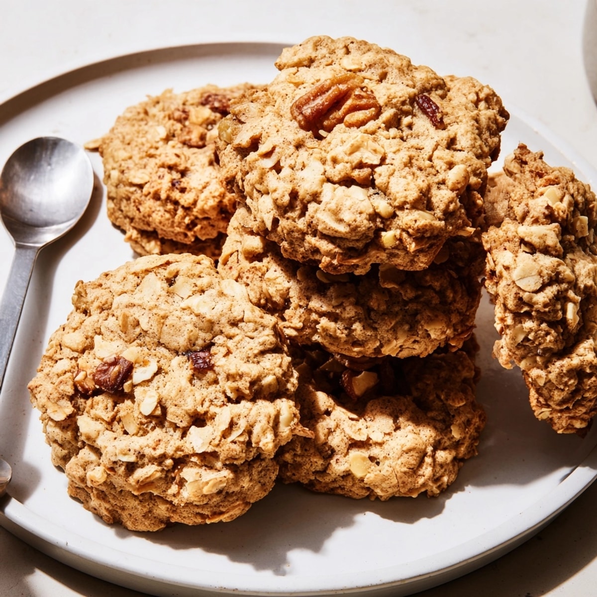 Warm, spiced Cinnamon Date Nut Oatmeal Cookies, speckled throughout with chopped dates and nuts.