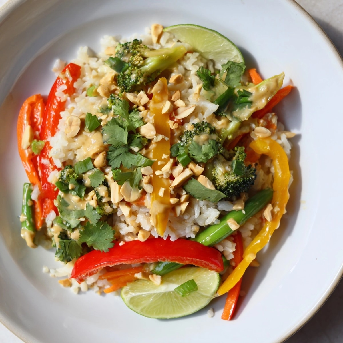 Close-up shows colorful Thai Peanut Veggie Stir-Fry Rice steaming hot in a bowl.
