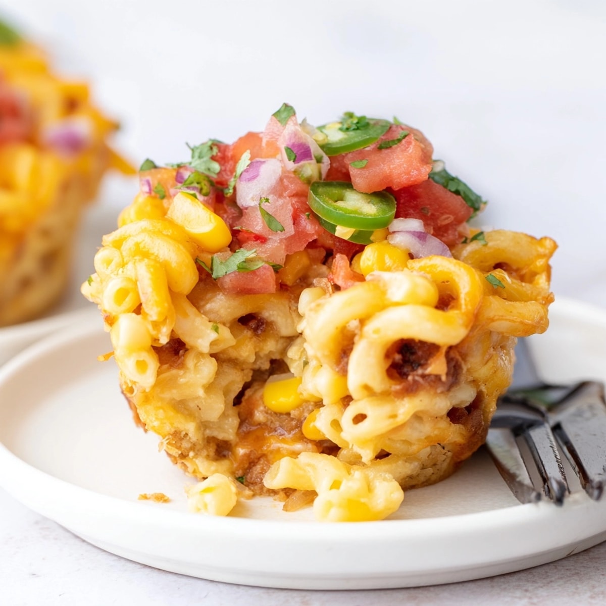 Golden baked Mac and Cheese Taco Egg Muffins filled with cheesy pasta and savory taco flavors.