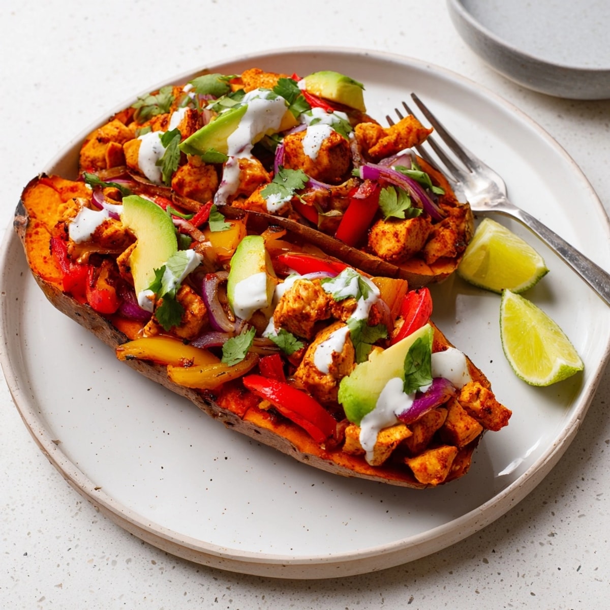 Close-up of juicy Cajun Chicken Sweet Potato Boats, showing creamy yogurt topping.