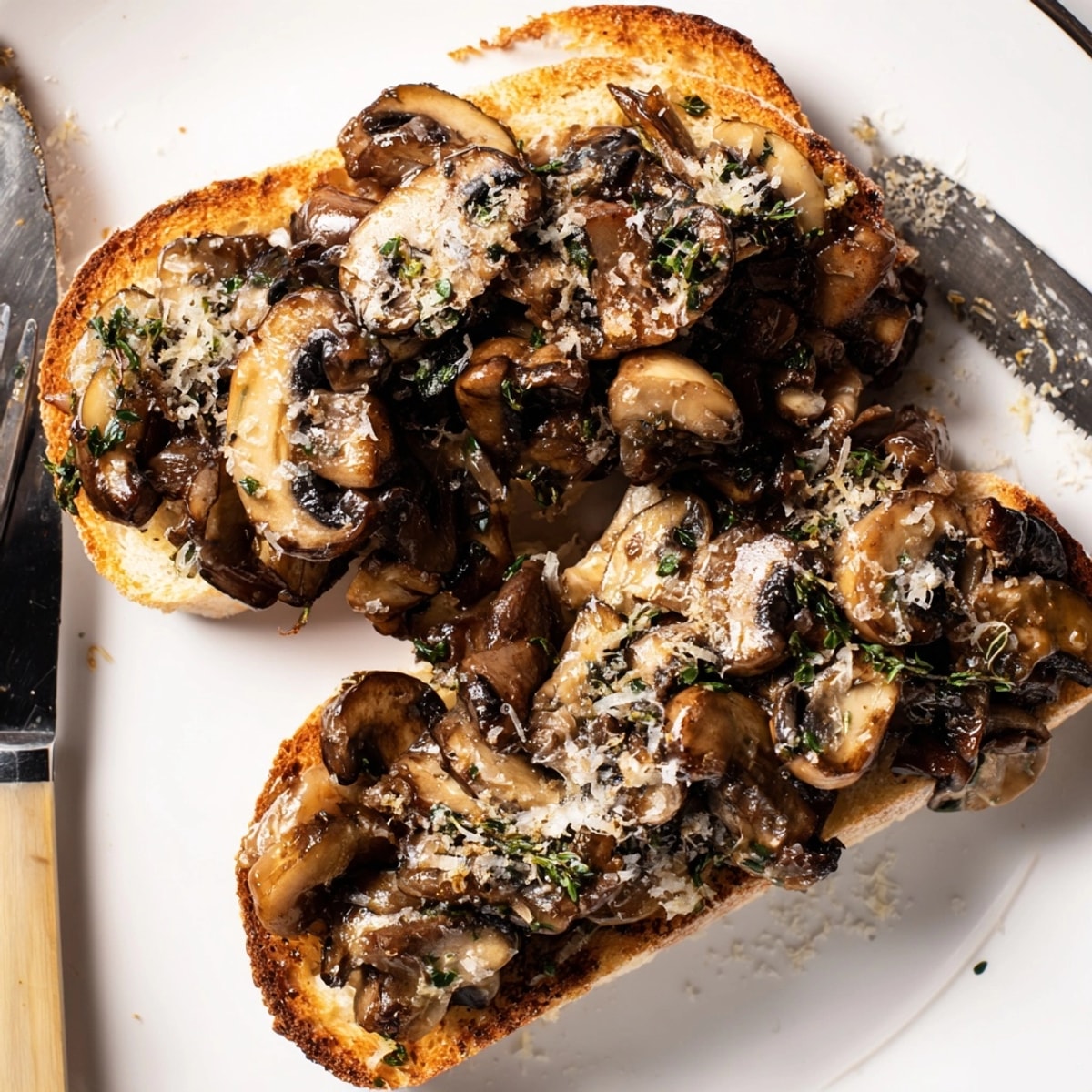 Golden Garlic Sautéed Mushroom Toast Sliders glisten with savory herbs on crusty, toasted bread.