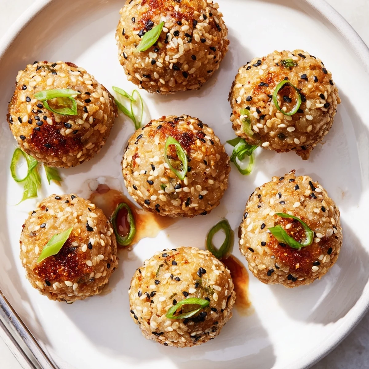 Golden-brown Goma Yaki Onigiri, sprinkled with sesame seeds, perfect as an appetizer.  