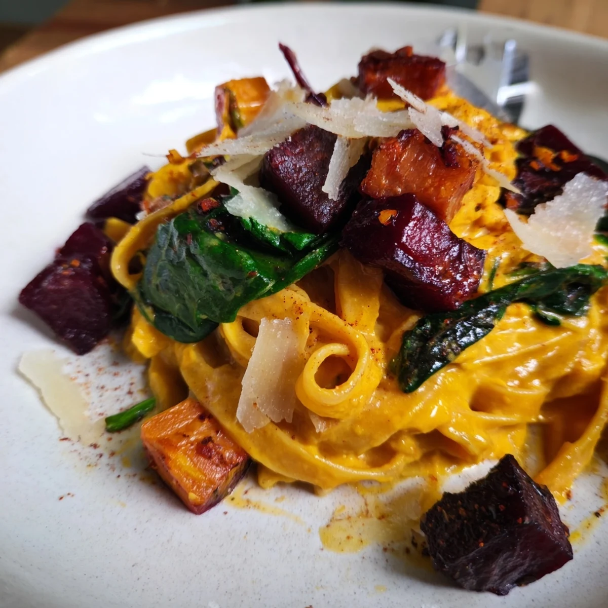 Vibrant pumpkin pasta topped with sweet caramelized beets for a delightful meal.  