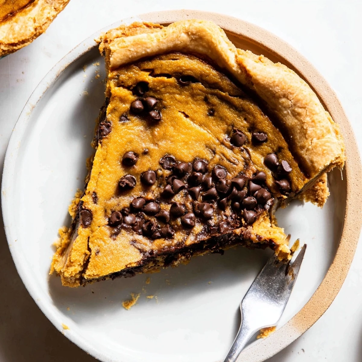 Decadent pumpkin chocolate chip cookie pie sliced, revealing layers of rich flavor.  