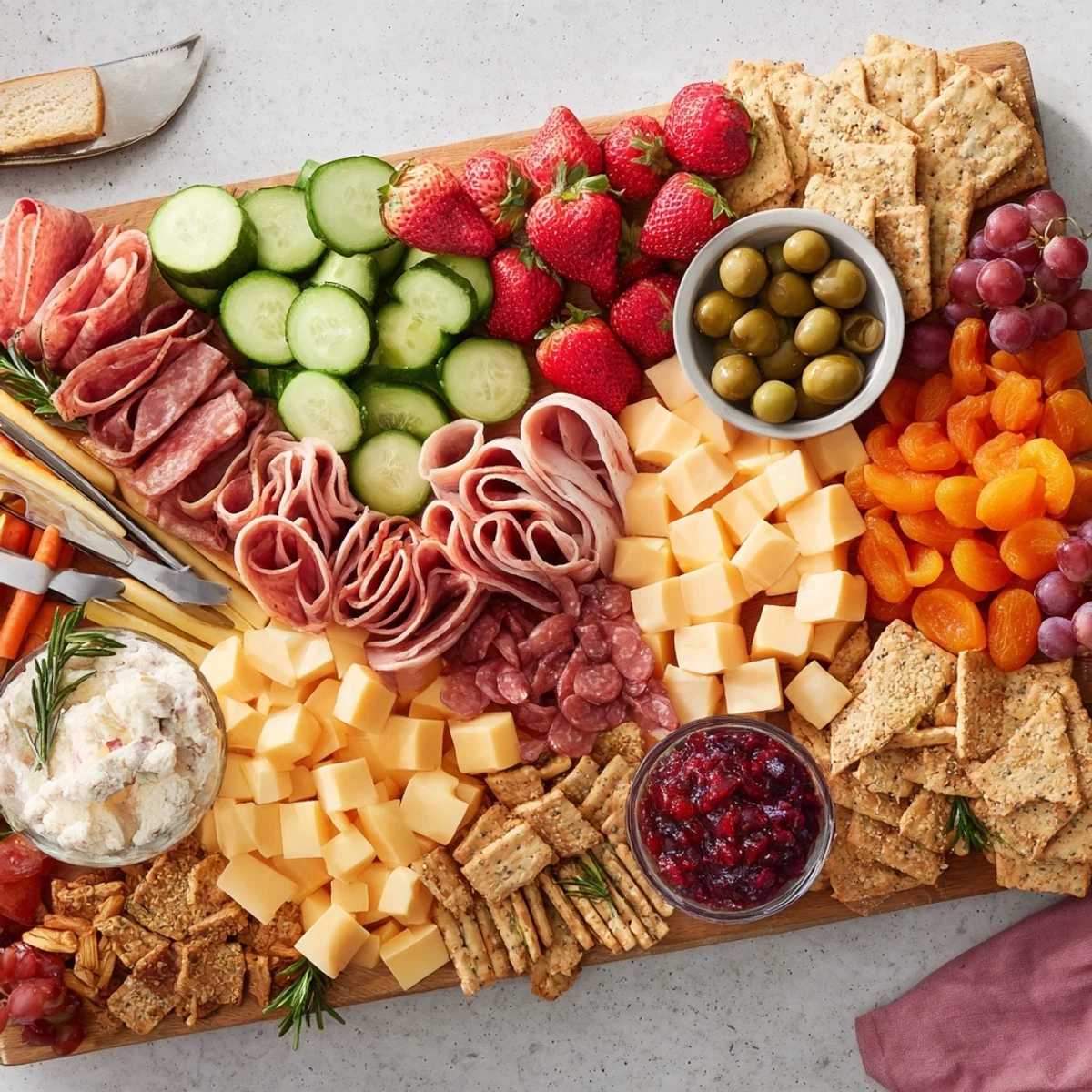 A colorful charcuterie board with holiday snack dips and fresh fruits displayed elegantly.  