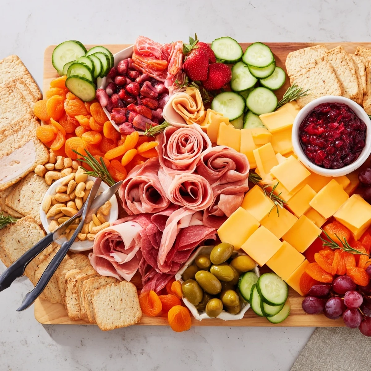 An elegant charcuterie board featuring assorted cheeses, meats, and vibrant holiday dips.