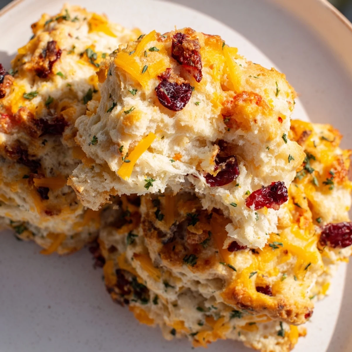 Fluffy cranberry jalapeño dip cheddar biscuits, golden brown and cheesy, perfect for parties.  