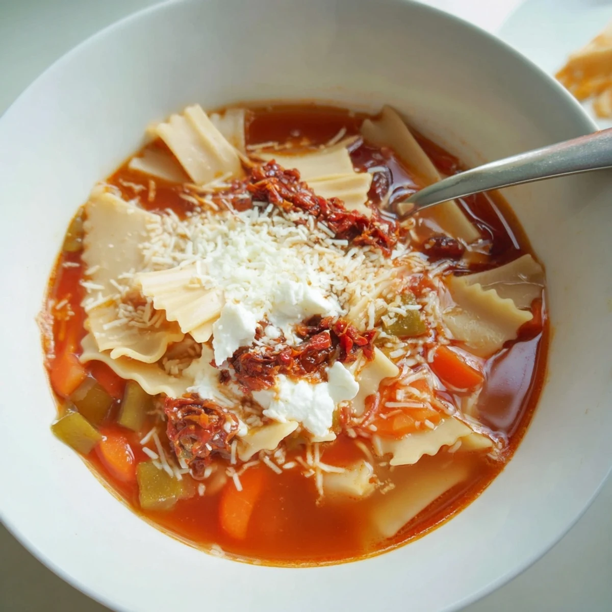 Hearty lasagne soup with sun-dried tomato tapenade and melted cheese layers.  