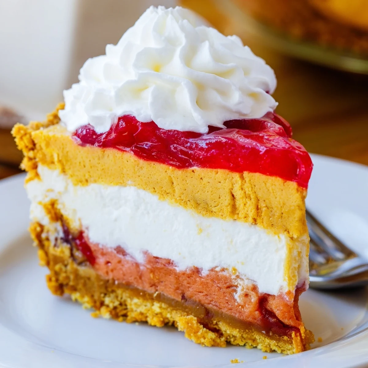 Festive Cherry Cheesecake Pumpkin Muffin Pie garnished with whipped cream, perfect for holiday celebrations.